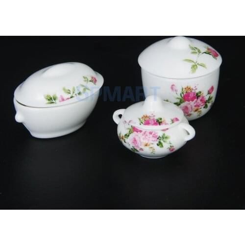 3pcs Doll House Kitchen Miniature Casserole Pot Bowl Lid with Floral Pattern