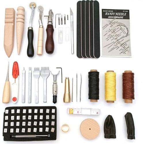 82 Pcs Leather Working Tools Set with Groover Awl Waxed Thread Thimble Kit for Stitching Punching Sewing Leather Craft