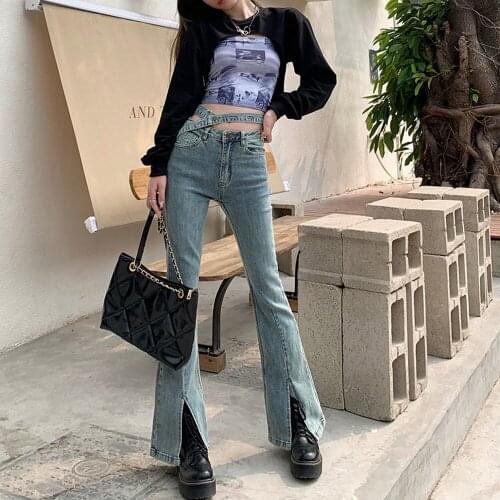 Hollow out High Waist Slim Flared Jeans For Women Classical Solid Denim Bell Bottom Pants Vintage Denim Trousers Female