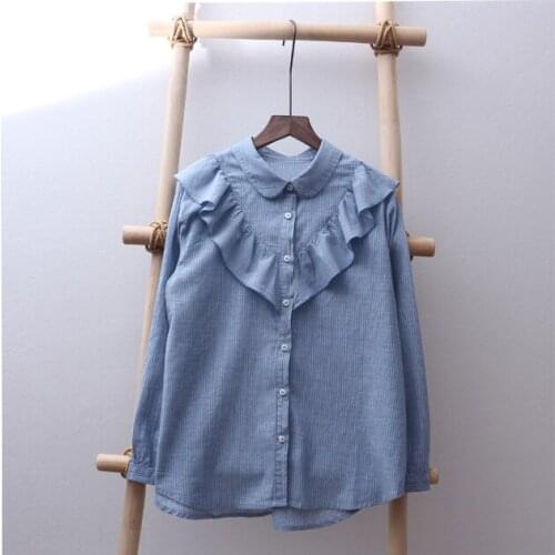 Japan Style Mori Girl Cotton Peter Pan Collar Blouse Ruffle Stripe Long Sleeve Shirt Women Loose Tops