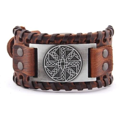 Amulet Sun Wheel Weave Genuine Leather Bangle for Optimism Vintage Wide Bracelets Nordic Viking Bracelet Men Male