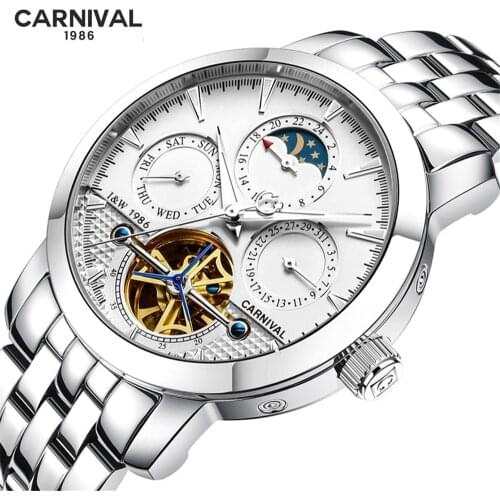 CARNIVAL Top Brand Luxury Steel Mens Watches Business Automatic Self-Wind Waterproof Sport Men Tourbillon Mechanical Watch Male