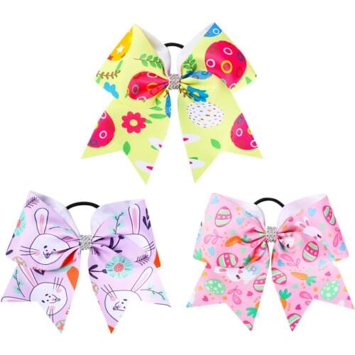 Cheer Bows Fashion Elastic Hair Band for Girls 7'' Cartoon Print Cheer Bows Rhinestones Hair Ties Ponytail Hair Accessories
