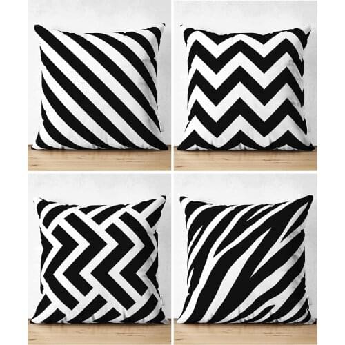 Black White Geometric 4'Lü Double-Sided Suede Cushion Pillow Decorate Case Set High Quality Stylish Home Garden Room Kitchen Gift Useful Decorative Colorful