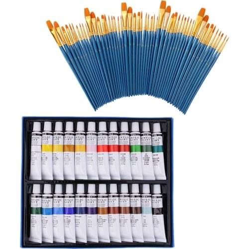 1 Sets Acrylic Paint Brushes Sets -50 Pieces Assorted Brushes +24 Colors Tube Acrylic Paint for Art Painting Drawing DIY