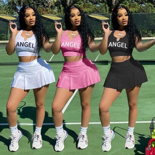 Echoine Letter Print V-neck Sleeveless Tank Top Pleated Mini Skirt Set Two Piece Set Sexy Matching Set Party Club Outfits