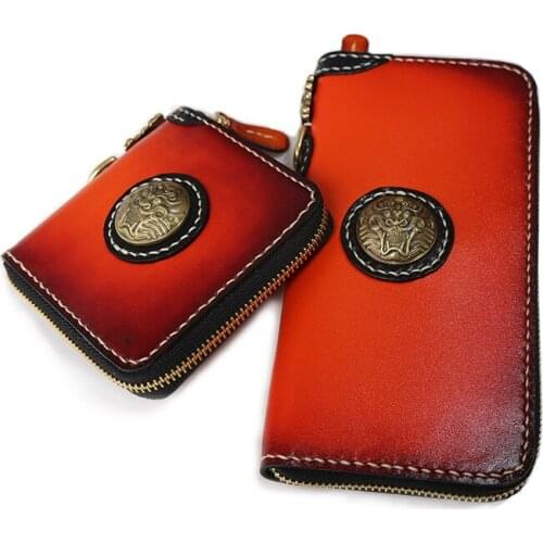 Handmade Genuine Leather Wallets Reddish brown Bag Purses Women Men Long Clutch Vegetable Tanned Leather Wallet Card Holder