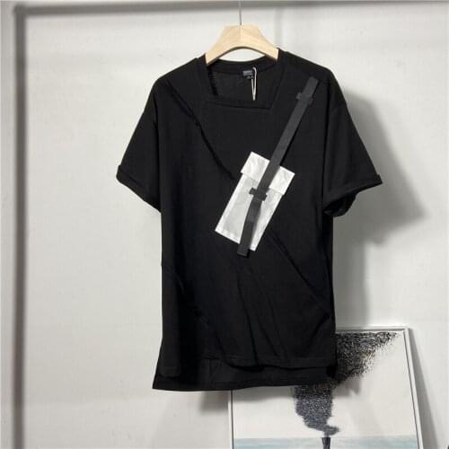 2021 summer big tide mens round neck short sleeve T-shirt personality square neck front short back long cotton T-shirt