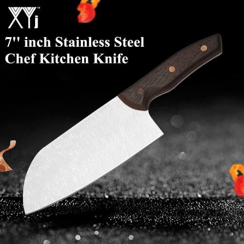 XYj 7'' Chef Knife Stainless Steel Cleaver Santoku Japanese Knife Damascus Pattern Veins Blade Fruit Vegetable Chinese Slicer