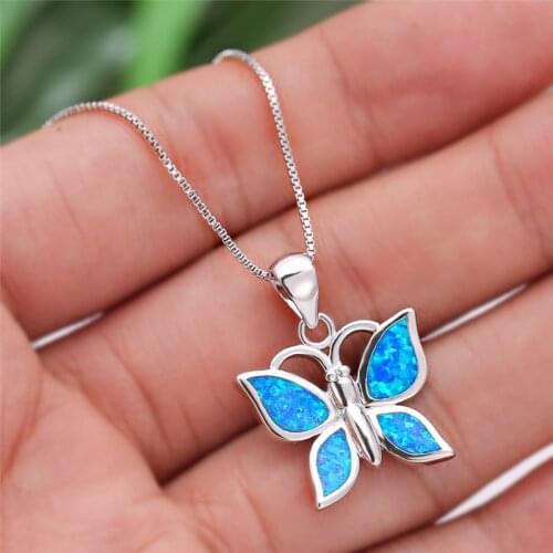 Blue Fire Opal Cute Butterfly Pendant Birthstone Necklaces For Women Wedding Jewelry Vintage Fashion 925 Silver Animal Necklace