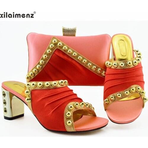 Peach Latest Italian Women Matching Nigerian Shoes and Bag Set Decorated with Rivet African Ladies Slippers and Bag Pumps