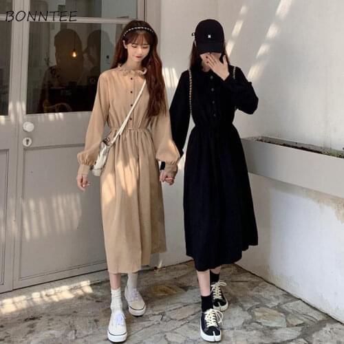 Long Sleeve Dress Women Korean Style Khaki Trendy Button Spring A-Line Oversized Preppy Style All-match Solid Elastic Waist Midi