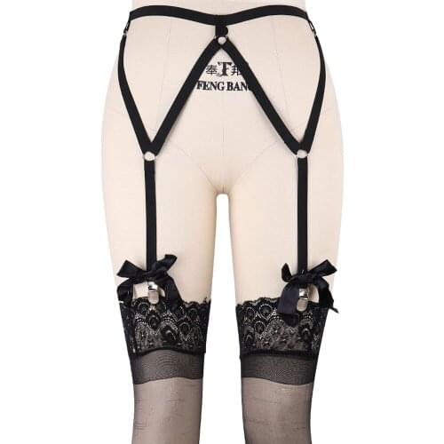 Black Bow Bondage Stockings Garter Belt Body Harness Gothic Fetish Leg Harness Sexy Lingerie Thigh Women High Garter Belt