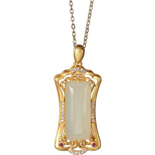 S925 sterling silver gold plated natural Hotian jade pendant retro hollow Ruyi lucky pendant womens pendant