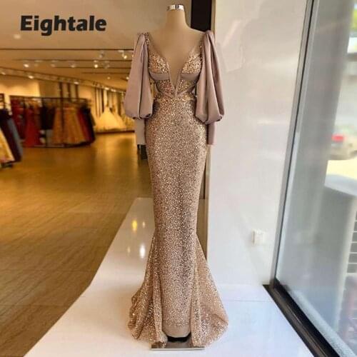 Eightale Sexy Brown Evening Dresses Deep V Neck Sequined Prom Gown Long Puff Sleeves Mermaid Mother Celebrity Party Dress 2021