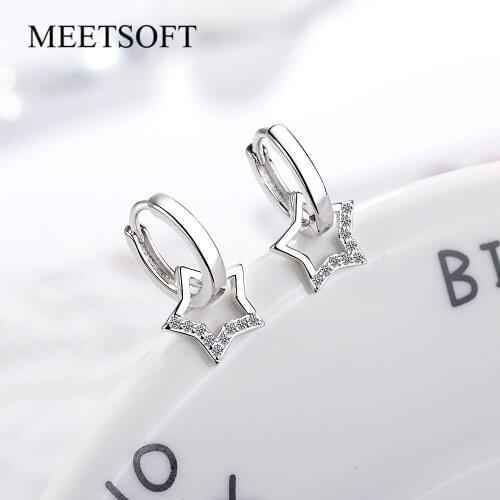 MEETSOFT Trendy 925 Sterling Silver Stars Zircon huggie Hoop Earrings for Women Party Jewelry Accessories wholesale Gift
