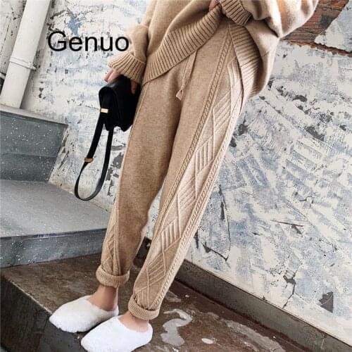 Streetwear Autumn Thick Pant Women Trousers Autumn Winter High Waist Loose Drawstring Elastic Waist Twist Radish Wool Pants