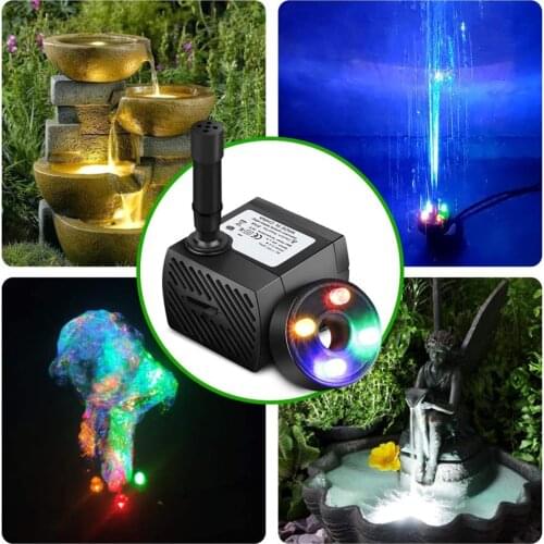 Water Fountain Pump with 4 LED Light 2W Super Silent Small Submersible Pool Water Pump for Fish Tank Aquarium Safe Energy Saving