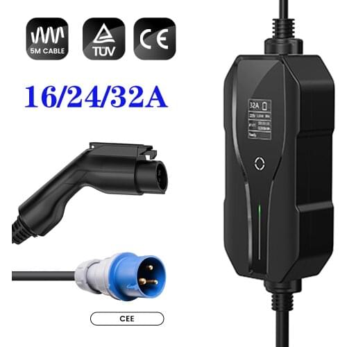 Level 2 EV Charger Mobile Charging Cable Portable Home Use Industrial CEE Plug 32A 16A 24A 20A 10A Adjustable Type 1 Saej1772