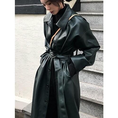 2019 Fashion X-Long Autumn Womens Black Leather Jacket Winter Plus Size Single Breasted Faux Leather Coat Female Windbreaker