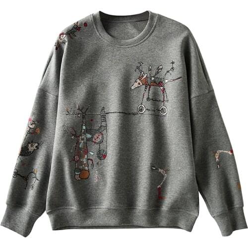 2021 Autumn Winter New Casual Fashion Stitch-Embroidered Long-Sleeved Round Neck Breathable Pure Cotton Casual Sweatshirt Women