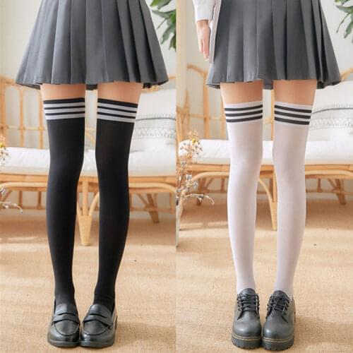 Women Girls Thigh High Stockings Over Knee Socks Nylon Stripe Solid Fashion High Quality Stockings Hosiery Autumn Black White