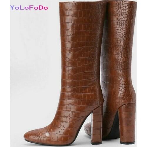 2021 Autumn Winter Women Knee High Boots Faux Leather Stone Print Women Square High Heel Boots Slip on Womens Boots Big Size 43