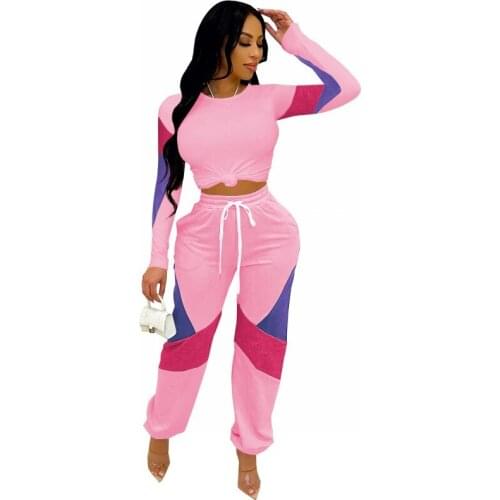 Slim Sexy Ladies Blouse Suit Color Matching Long-Sleeved T-Shirt+Trousers Two-Piece Set 2021 Autumn New Casual Womens Clothing