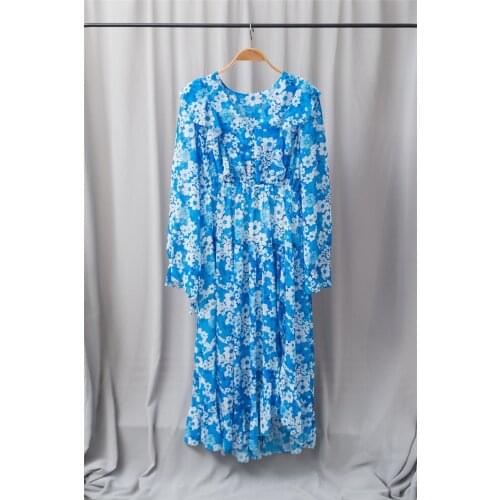 Floral Print Women V-Neck Blue Midi Dress 2021 Early Autumn Long Sleeve Ladies Ruffles Pleated Robes with Buttons