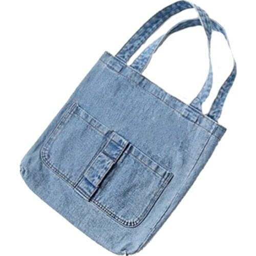 6PCS / LOT Women Shopping Handbags Washed Denim Tote Pouch Eco Totes Female Large Capacity Pure Color School Shoulder Bag