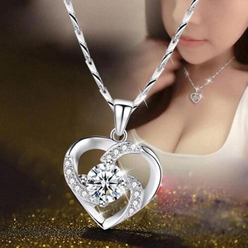 925 Sterling Silver New Woman Fine Jewelry High Quality Crystal Zirconia Hollow Heart Pendant Necklace Length 45CM
