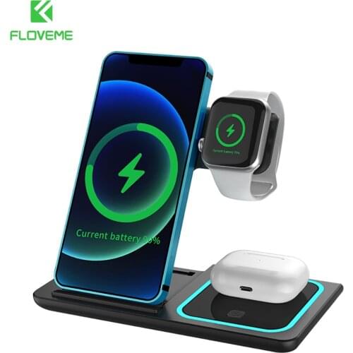 FLOVEME Foldable 3-in-1 Wireless Charger For iPhone 12 for Apple Watches 15W Fast Charging for Bluetooth Headsets Charger