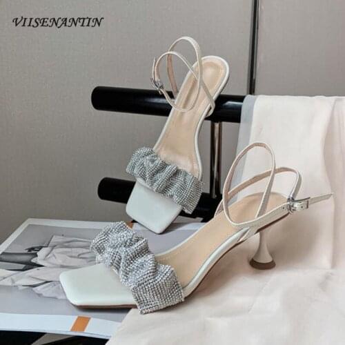 Summer French ladies style temperament black square toe leather open toe crystal stiletto 6cm high-heeled sandals