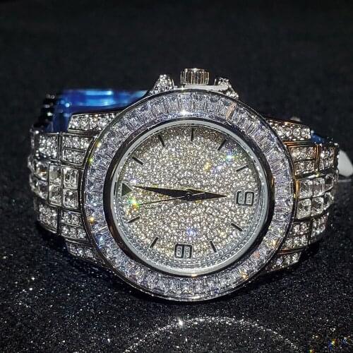 Hip Hop MISSFOX Fully Iced Out Men Watches Platinum Stainless Steel Fashion Top Brand Luxury Quartz Wristwatches Business Watch