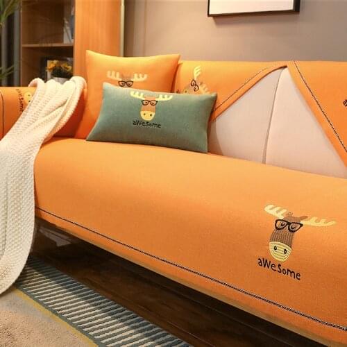 Cotton Linen Safa Covers with Emboridered Cartoon for Living Room Nonslip Four Season Nordic Full Covered Couch Combination Kit