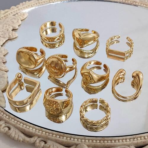 Flatfoosie Gold Twisted Chain CZ Opening Rings for Women Trendy Smiling Face Heart Geometric Finger Rings Party Jewelry Gift