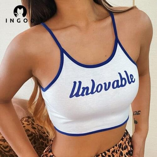 INGOO Sexy White Print bodycon Crop Tops Women 2021 Y2K Unloveable Letter Print Sleeveless Camis Backless Cross Slim Tank Top
