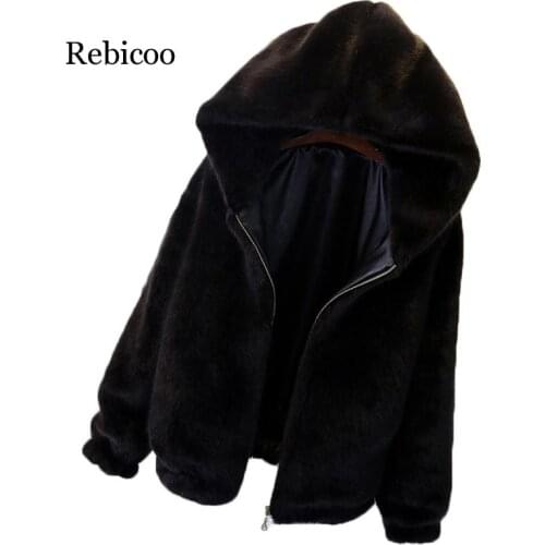 Korean Plush Hooded Jacket Female Autumn Short Fur Coat Imitation Fur Rabbit Women Autumn Winter Fur Jacket Woman