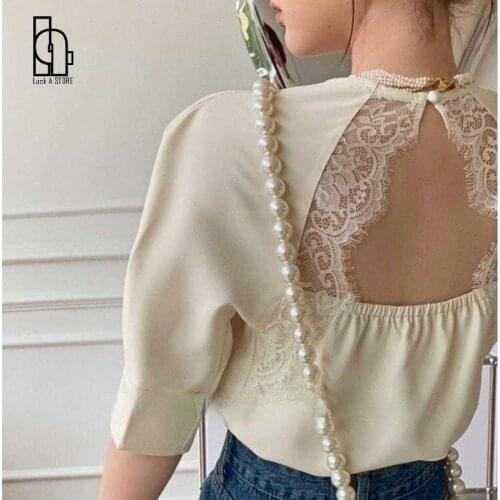 Summer Kawaii Casual Blouse Tops Women Backless Lace Designer Korean Sweet Blouse Shirt Short Sleeve Chic Elegant Blouse 2021