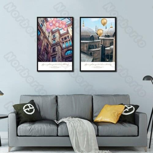 European Style Canvas Painting Wall Poster Pink and Yellow Air Balloons Grand Buildings Round Castles for Home Rooms Decoration