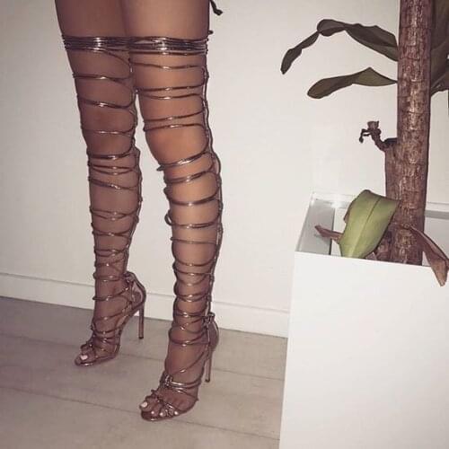 Sexy Thin Strappy Summer Thigh Sandals Boots Women Open toe Over the knee Cutout Boots Ladies Bandage Stage Fashion Boots Shoes