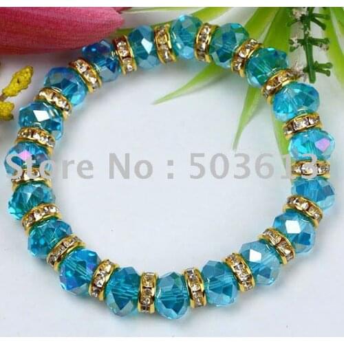 Popular Handmade Lake Blue AB Crystal Beads Bracelet With Clear Rhinestone Stretch Bracelet gcb1008