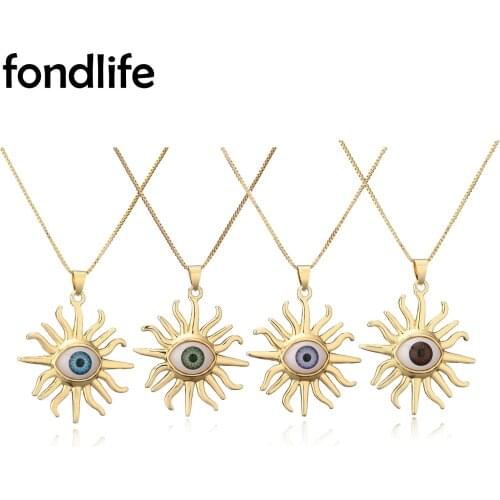 Gold-plated Sun Evil Eye Pendant Necklace Women Lady Brass Chain Boho Classic Fashion Good Quality Copper Jewelry Party Present