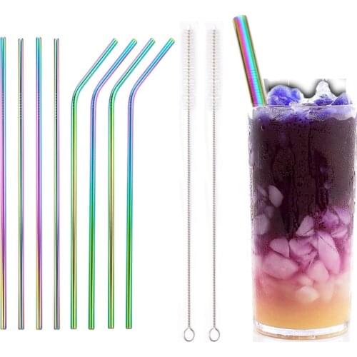 Rainbow Reusable Metal Straws Set with Cleaner Brush Drinking Straw Milk Drinkware for Boba Tea Cups Bar Party Accessory