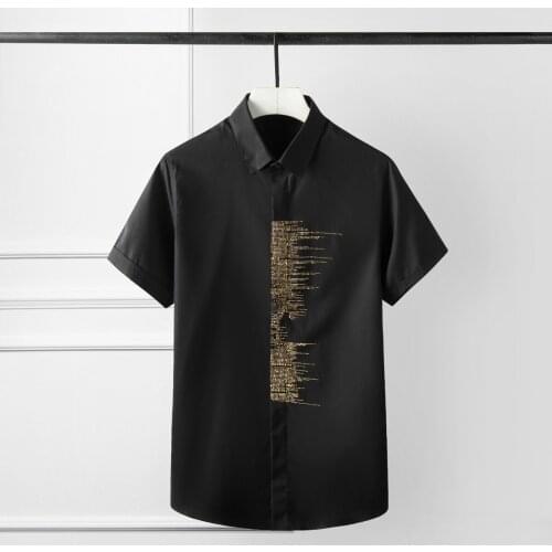 Luxury Mosaic Diamond Men Shirt Fashion Trend Solid Color Short Sleeve Dress Shirts Men White Black Mens Shirts Casual Slim Fit