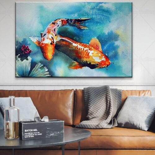 Modern Chinese Style Canvas Painting Wall Art Lucky Fish Koi Animal Posters and Prints Nine Fish for Home Decoration