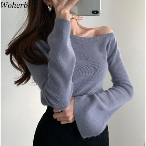 Woherb Fall 2021 Women Clothing Knitted Pullovers Tops Sexy Slash Neck Off Shoulder Korean Fashion Sweater Jumper Pull Femme