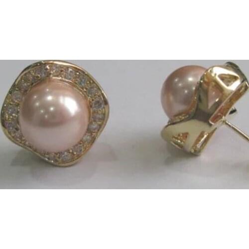 Womens fashion simple temperament square metal plated Pink Shell Pearl Earrings