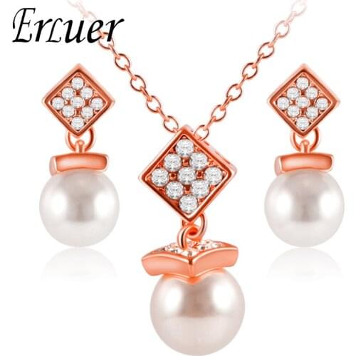 ARUEL Women Wedding Jewelry Sets Fashion Rose Gold/Silver Plated Jewelry Square Crystal Imitate Pearl Necklace Pendant Earrings