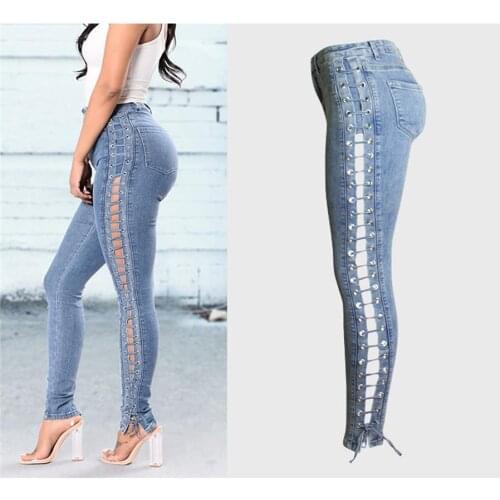 Women high waist skinny stretch high waist pencil pants denim jeans trousers with split tie sides